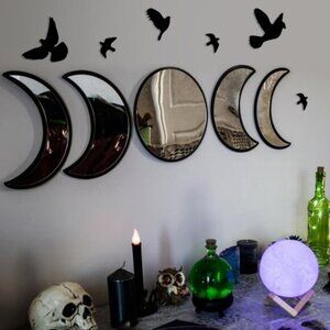 New Moon Phase Mirror Set with Birds – Boho Scandinavian Wall Decor for Home